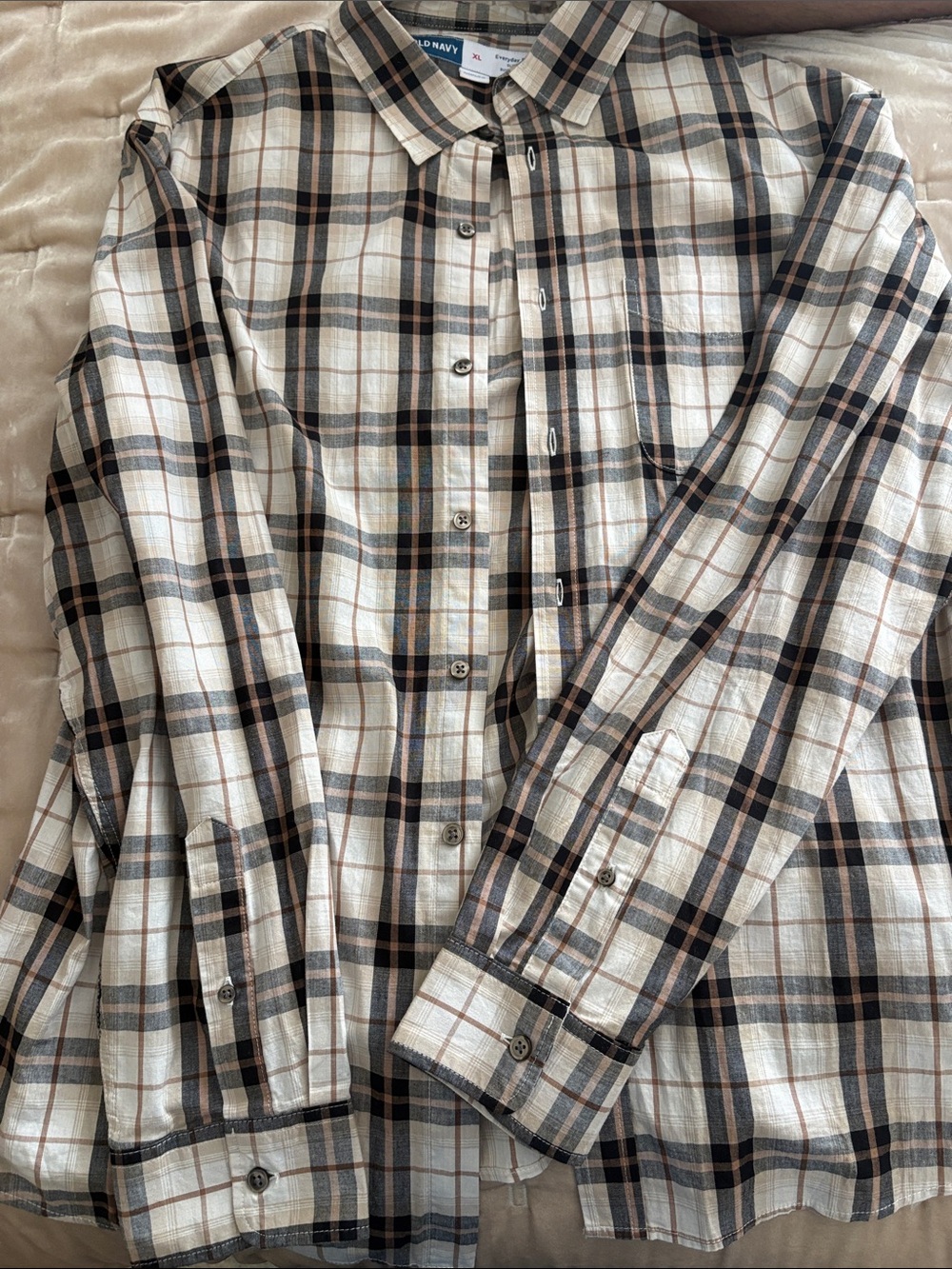 Old Navy Cream and Black Plaid Button-Down Shirt for Men